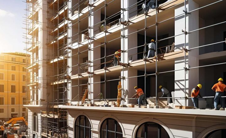 Operai al lavoro su un condominio a Roma con ponteggi per la ristrutturazione della facciata