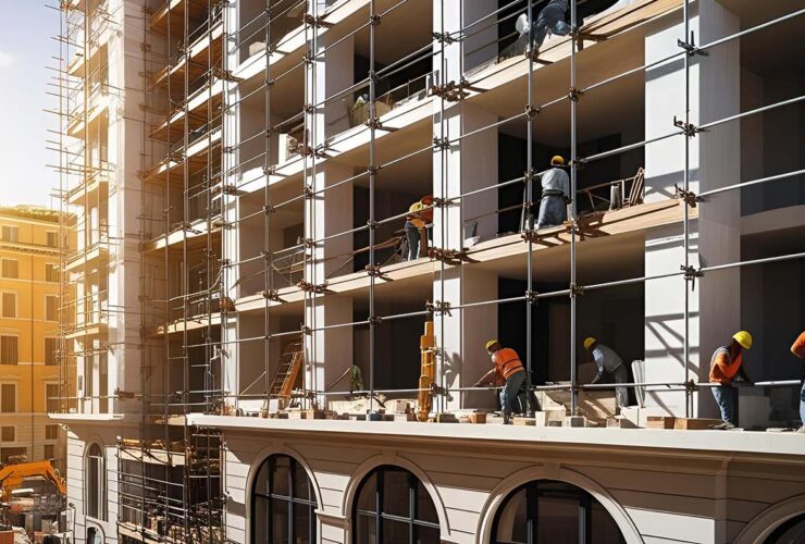 Operai al lavoro su un condominio a Roma con ponteggi per la ristrutturazione della facciata