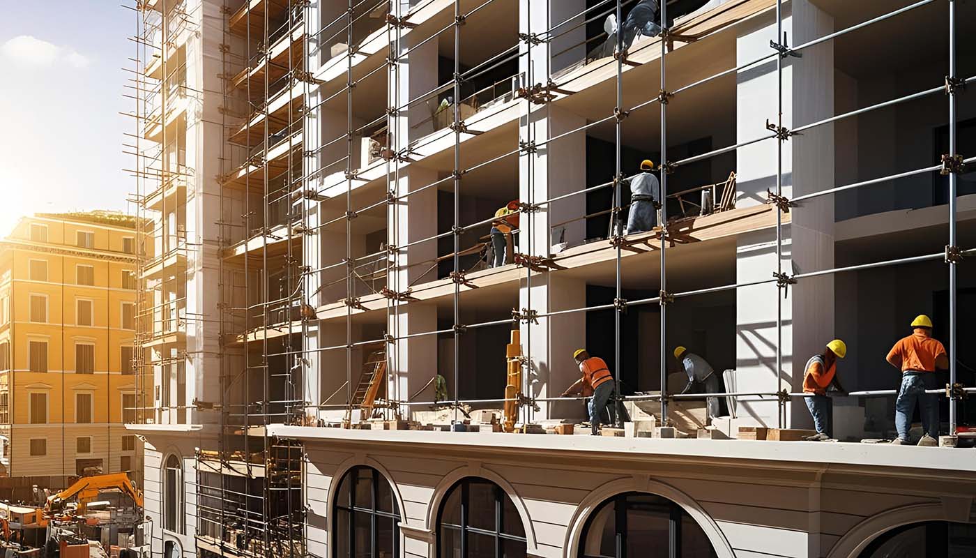 Operai al lavoro su un condominio a Roma con ponteggi per la ristrutturazione della facciata
