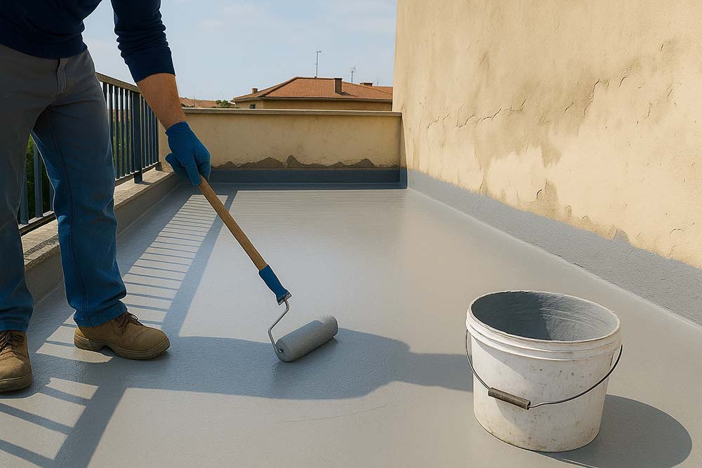 un operaio passa la guaina impermeabilizzante su un terrazzo di roma