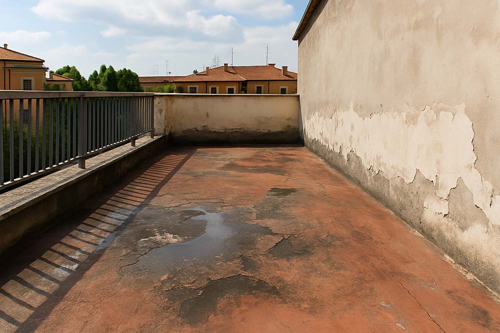 un terrazzo a roma ammalorato che ha bisogno di ristrutturazione