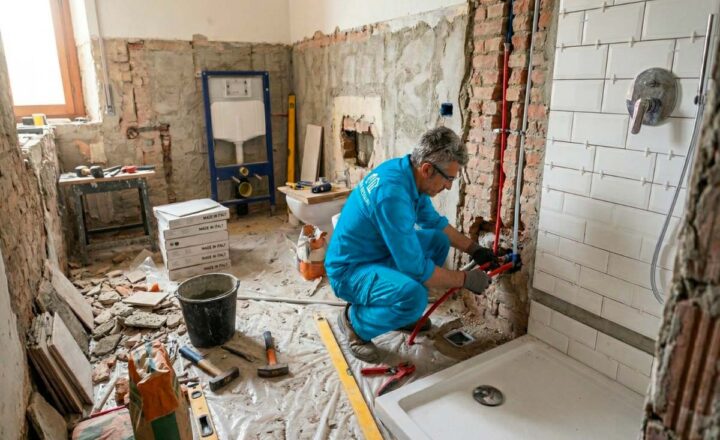 operaio mega restauri che ristruttura un bagno