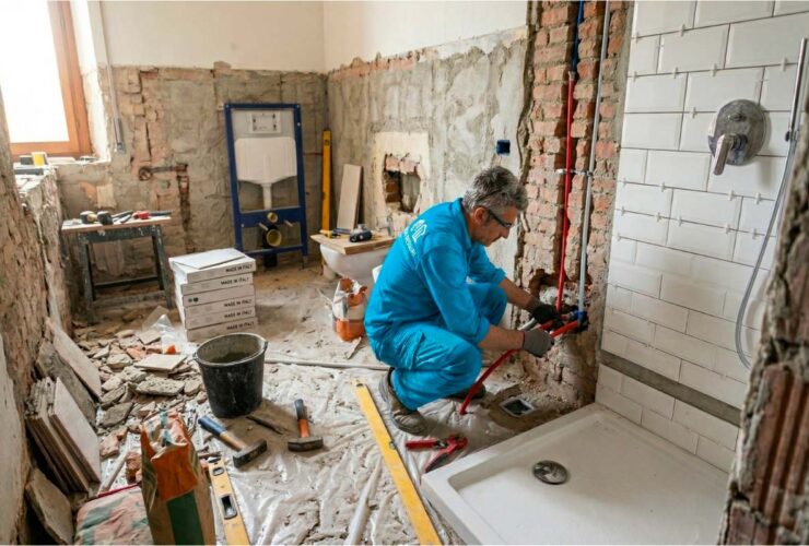 operaio mega restauri che ristruttura un bagno