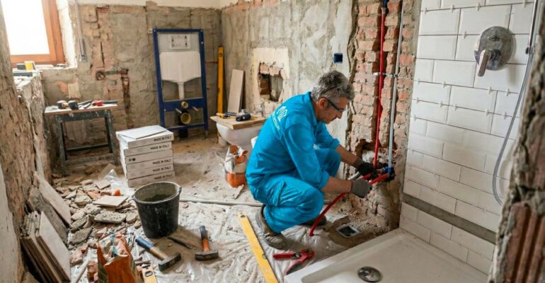 operaio mega restauri che ristruttura un bagno