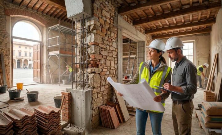 un architetto e un operaio in cantiere seguono i lavori di ristrutturazione