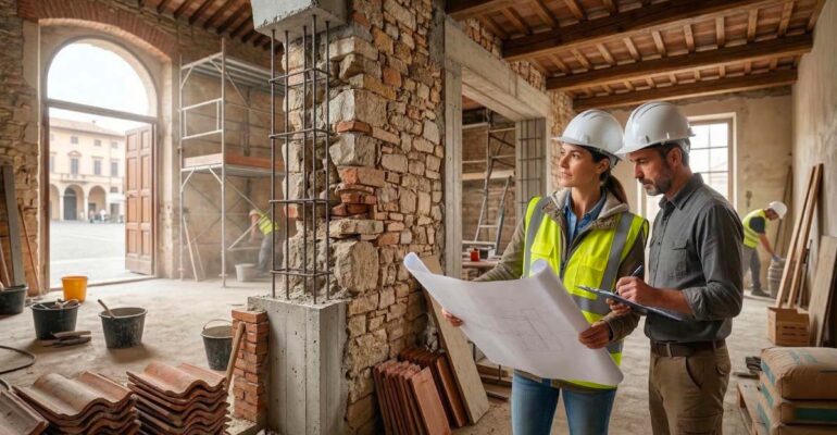 un architetto e un operaio in cantiere seguono i lavori di ristrutturazione