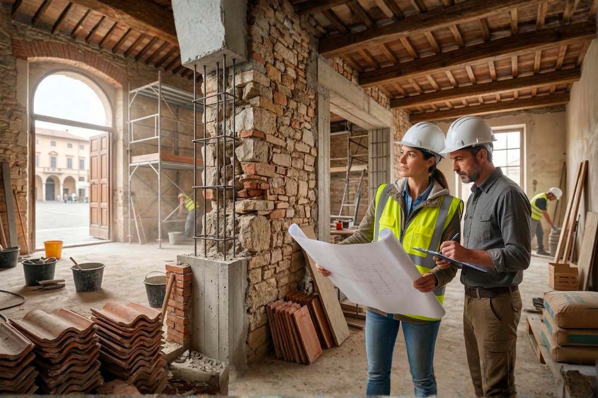 un architetto e un operaio in cantiere seguono i lavori di ristrutturazione