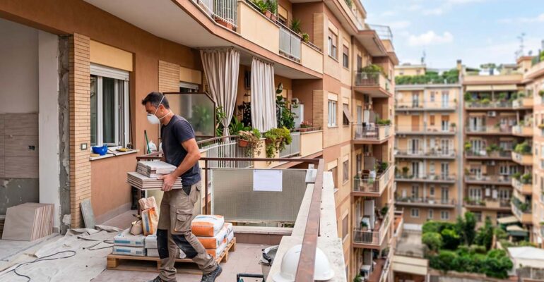 operaio Mega Restauri che ristruttura un appartamento in condominio