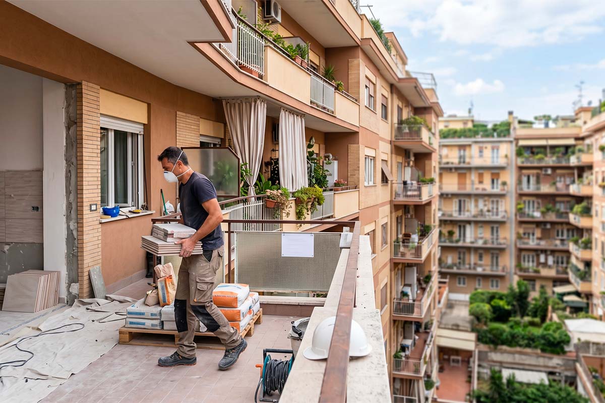 operaio Mega Restauri che ristruttura un appartamento in condominio